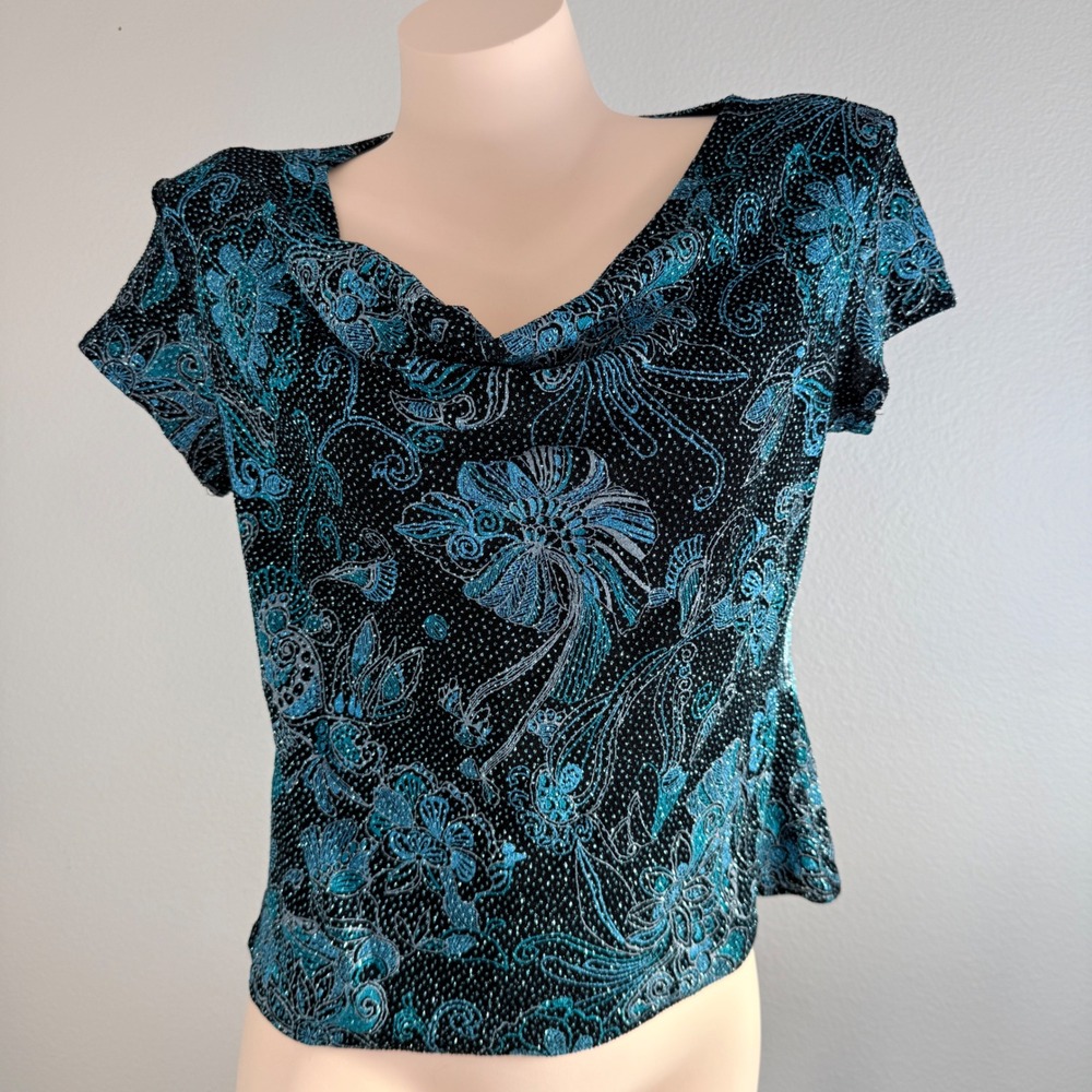 Whimsigoth Y2K Helene Blake Petite PL Blue Metallic Floral Cowl Neck Top